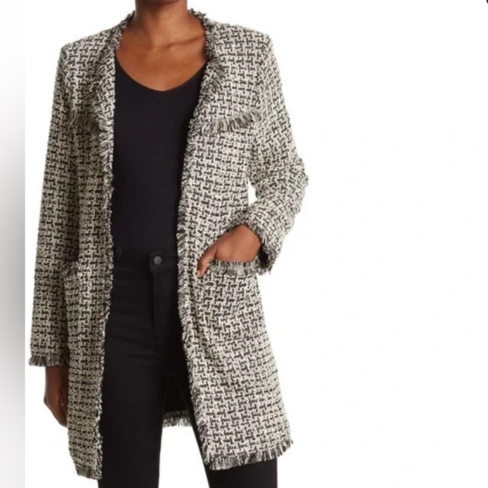 LAUNDRY by Shelli Segal Tweed Knit Fringe White Black Long Open Jacket  Sz S